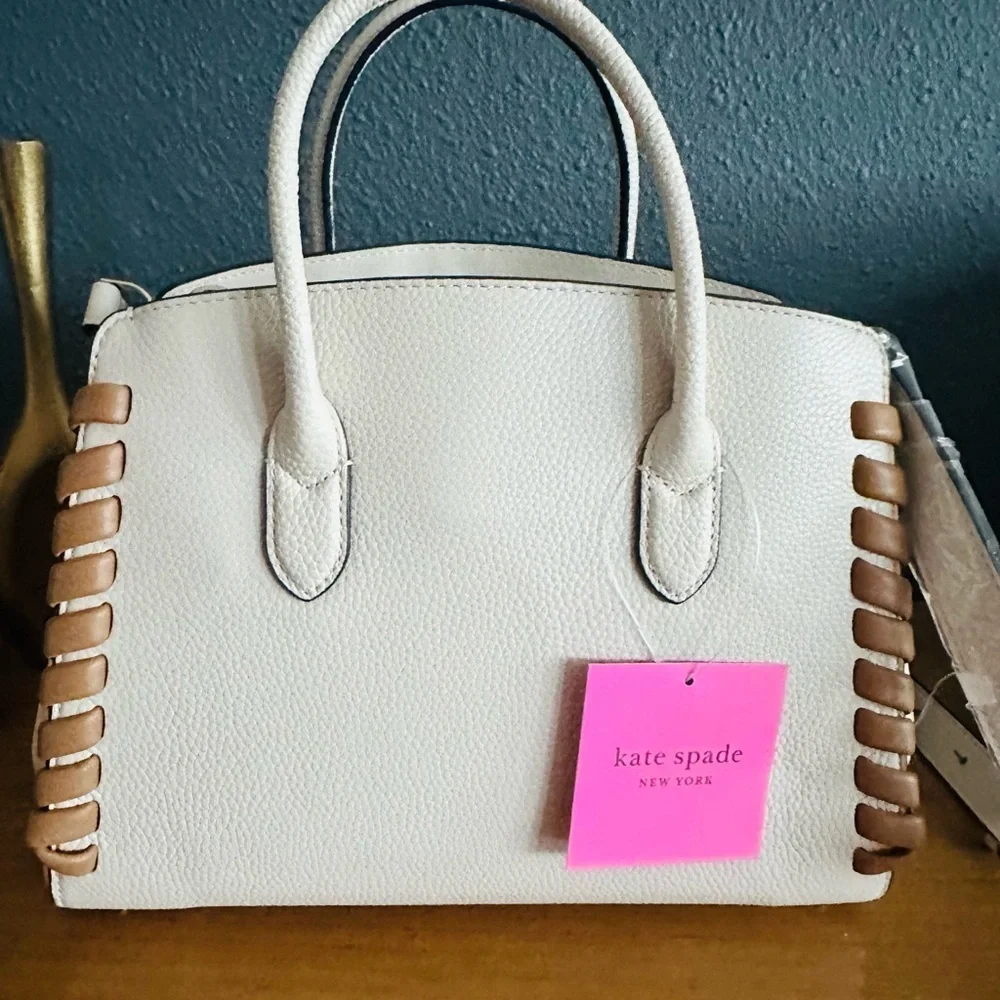 NWT Kate Spade Cream and Tan Satchel with Structured Design & Woven Accents